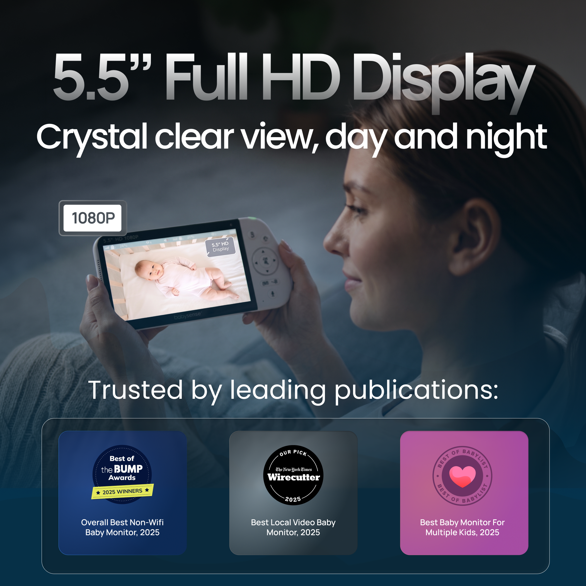 Babysense PRO: Video Baby Monitor with 2 Cameras, Non Wifi, Split Screen, Night Light & Sound Machine