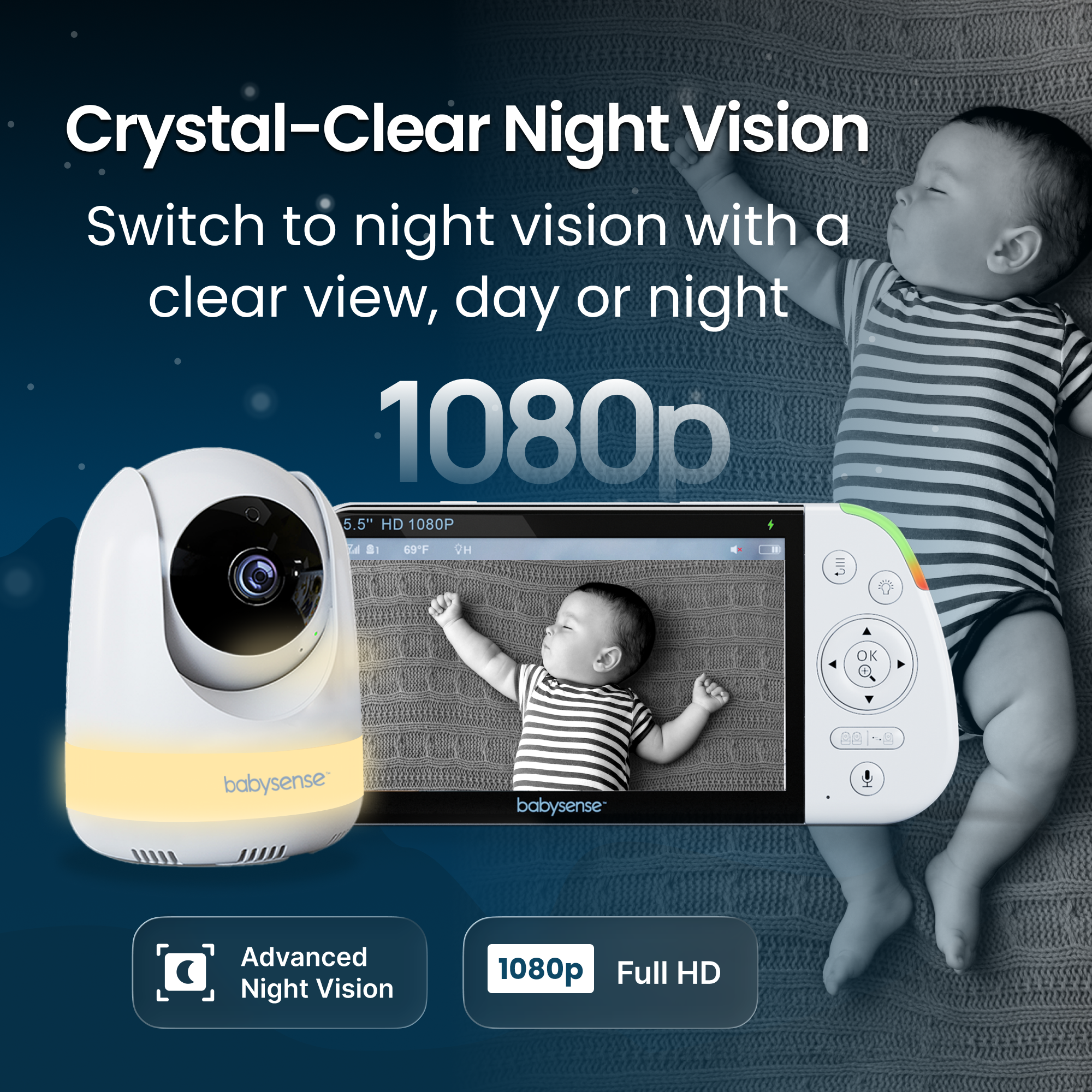 Babysense PRO: Video Baby Monitor with 2 Cameras, Non Wifi, Split Screen, Night Light & Sound Machine