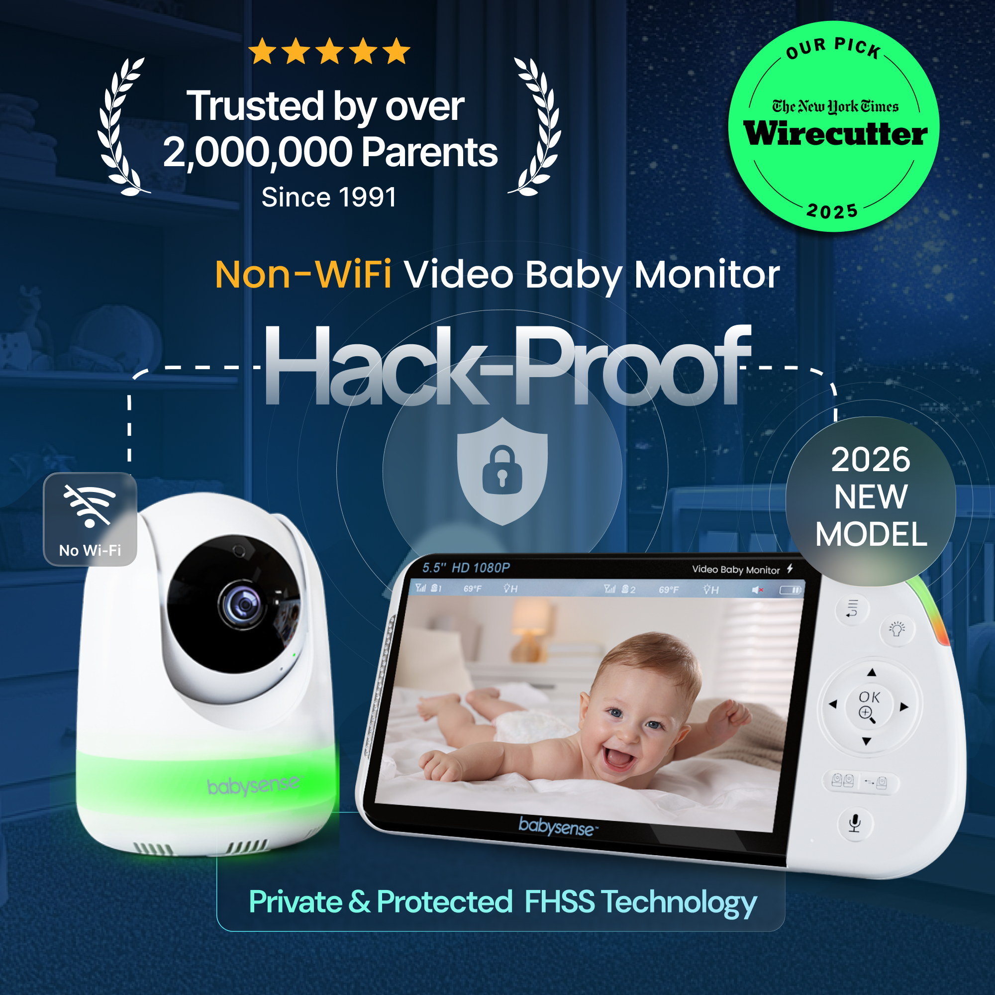 Babysense PRO: Video Baby Monitor with 1 Camera, Non Wifi, Split Screen, Night Light & Sound Machine