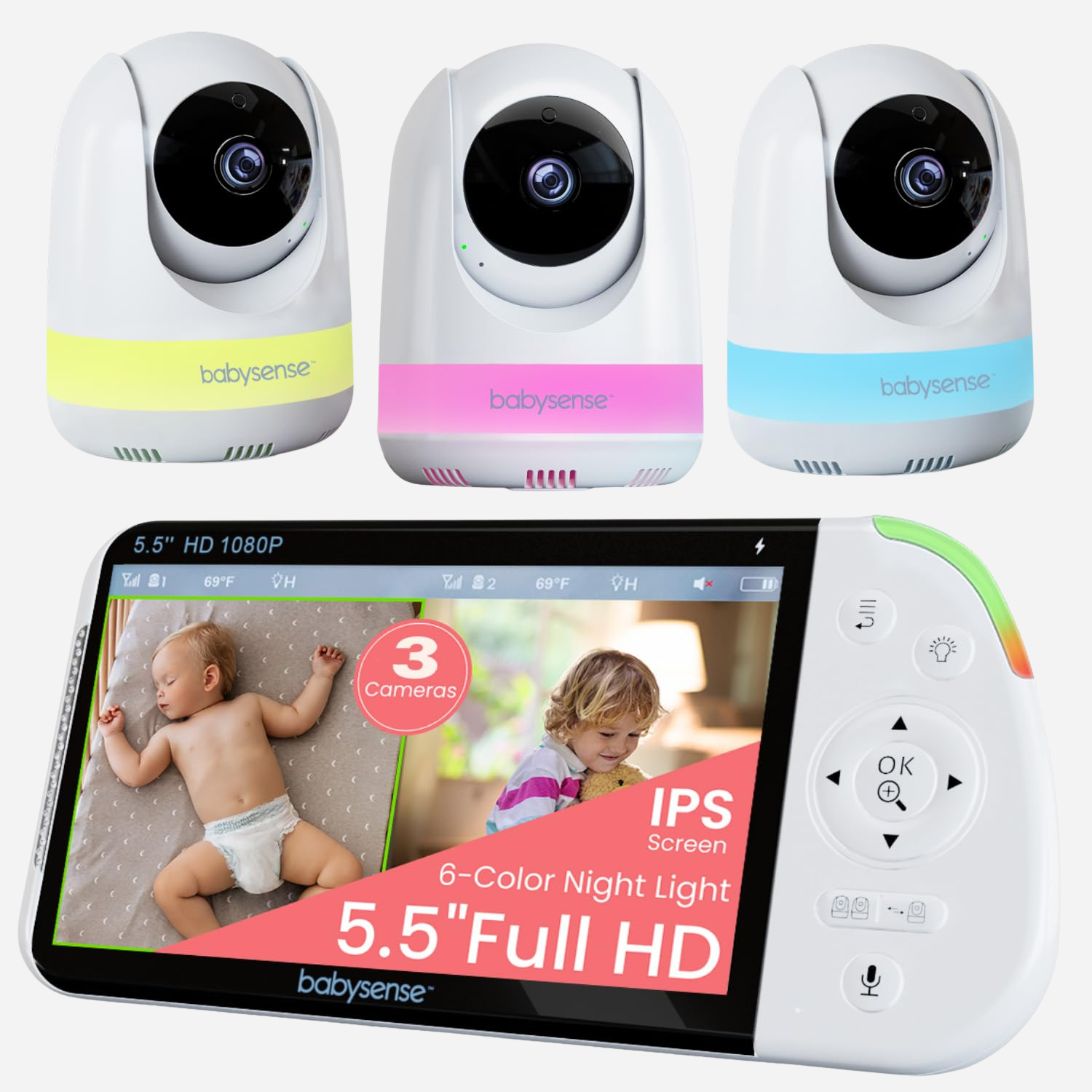 Babysense Pro: Video Baby Monitor with 3 Cameras, Non Wifi, Split Screen, Night Light & Sound Machine