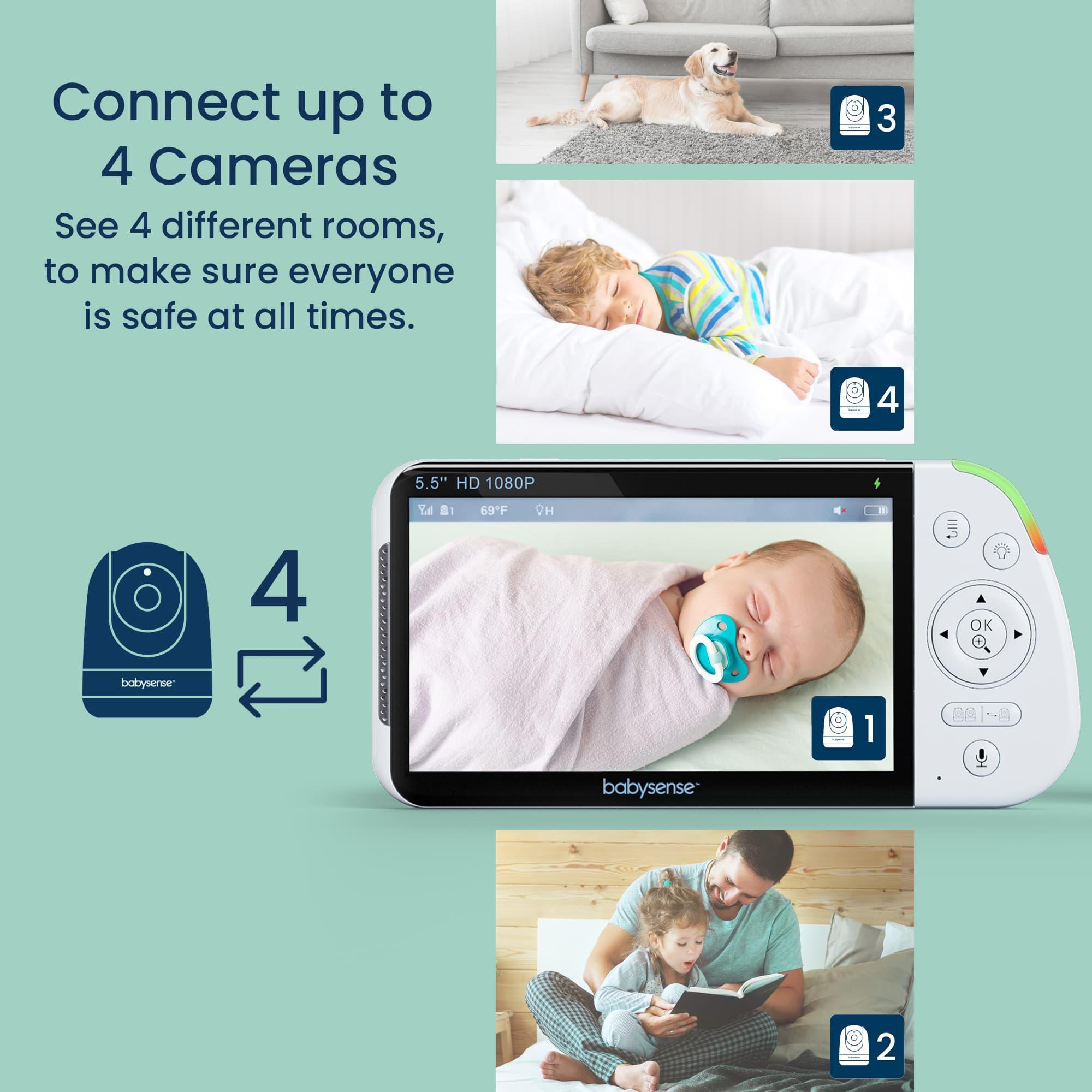 Babysense Pro: Video Baby Monitor with 3 Cameras, Non Wifi, Split Screen, Night Light & Sound Machine