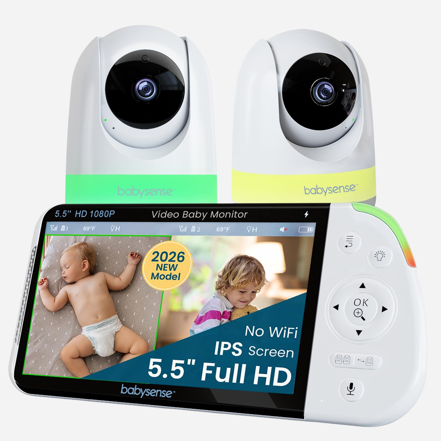 Babysense PRO: Video Baby Monitor with 2 Cameras, Non Wifi, Split Screen, Night Light & Sound Machine