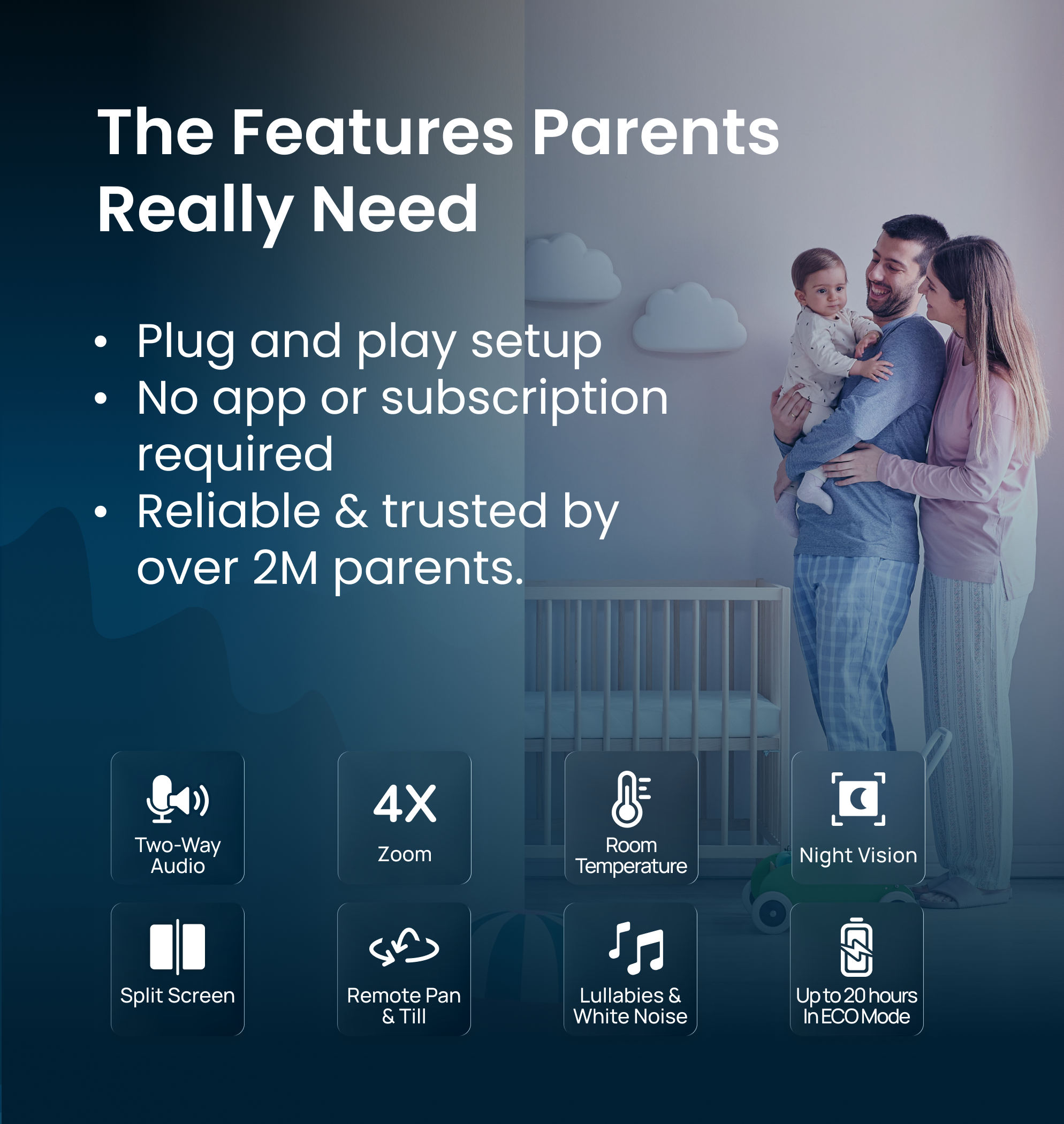 Babysense PRO: Video Baby Monitor with 2 Cameras, Non Wifi, Split Screen, Night Light & Sound Machine
