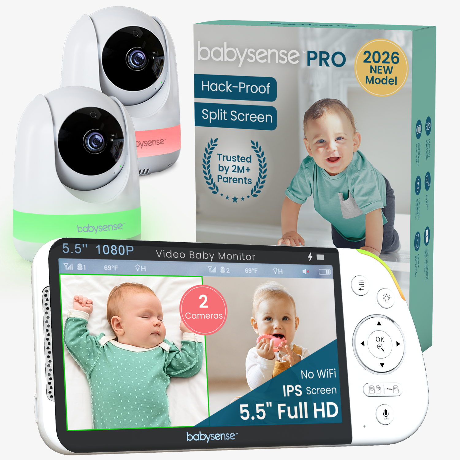 Babysense PRO: Video Baby Monitor with 2 Cameras, Non Wifi, Split Screen, Night Light & Sound Machine