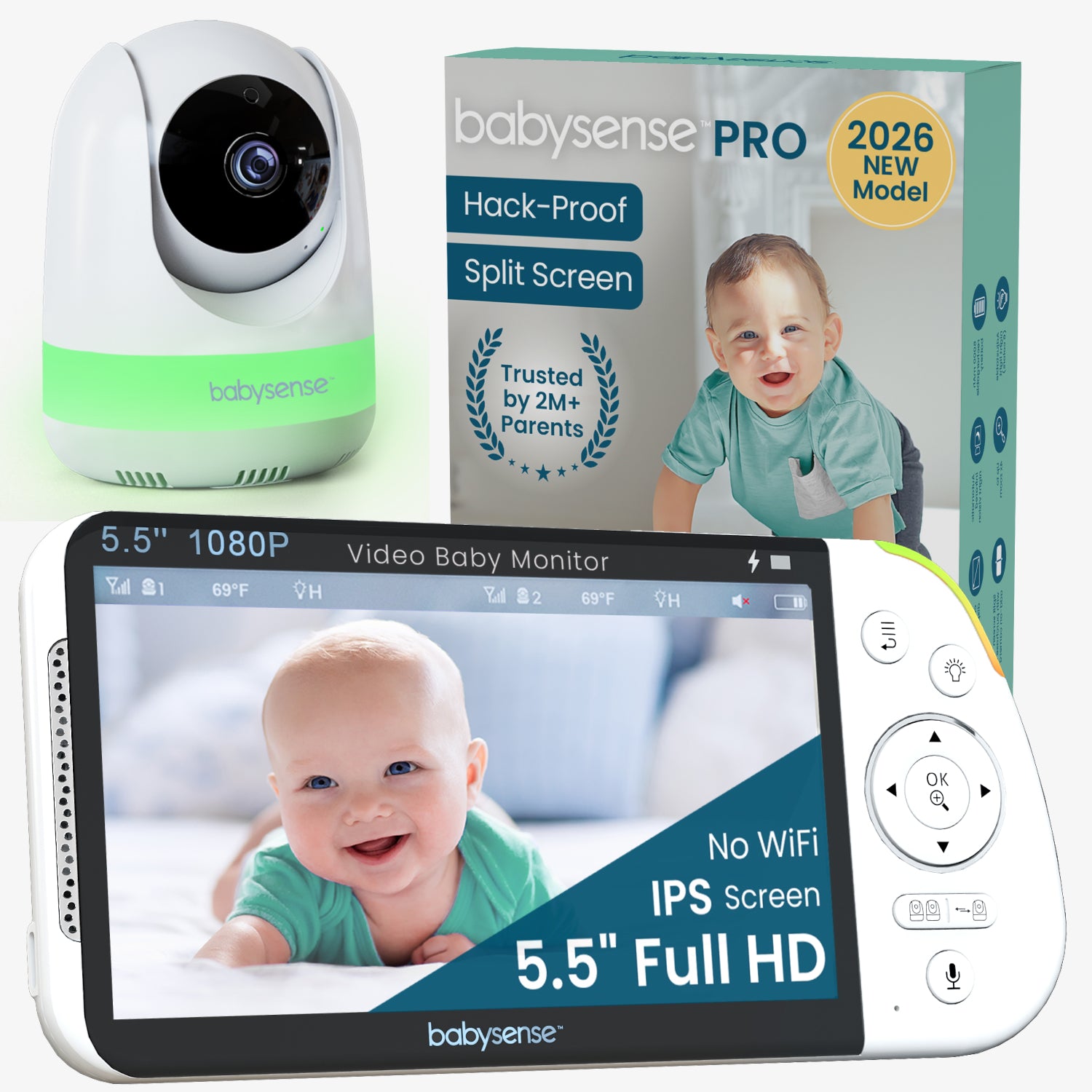 Babysense PRO: Video Baby Monitor with 1 Camera, Non Wifi, Split Screen, Night Light & Sound Machine