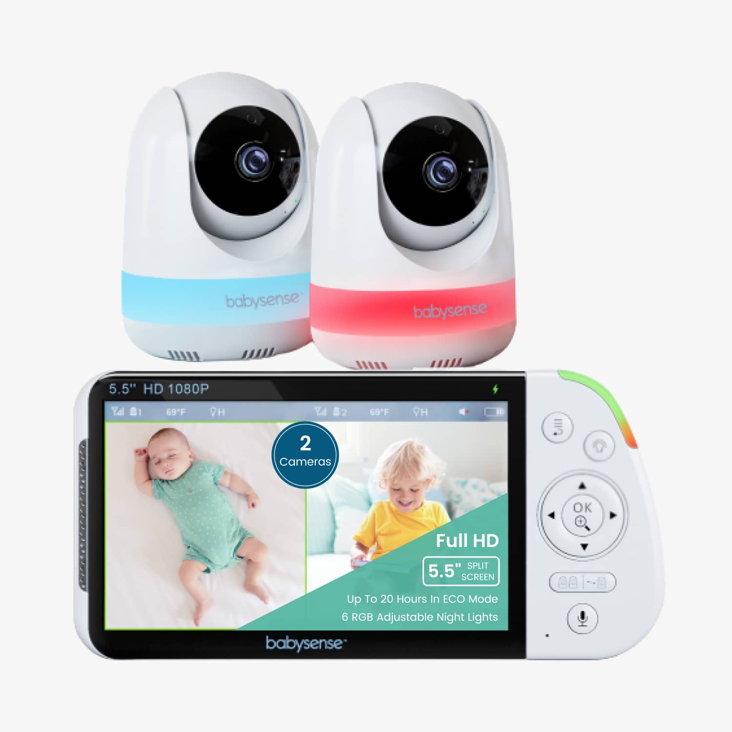 Babysense Max View: Video Baby Monitor with 2 cameras, Non Wifi, Split Screen, Night Light & Sound Machine