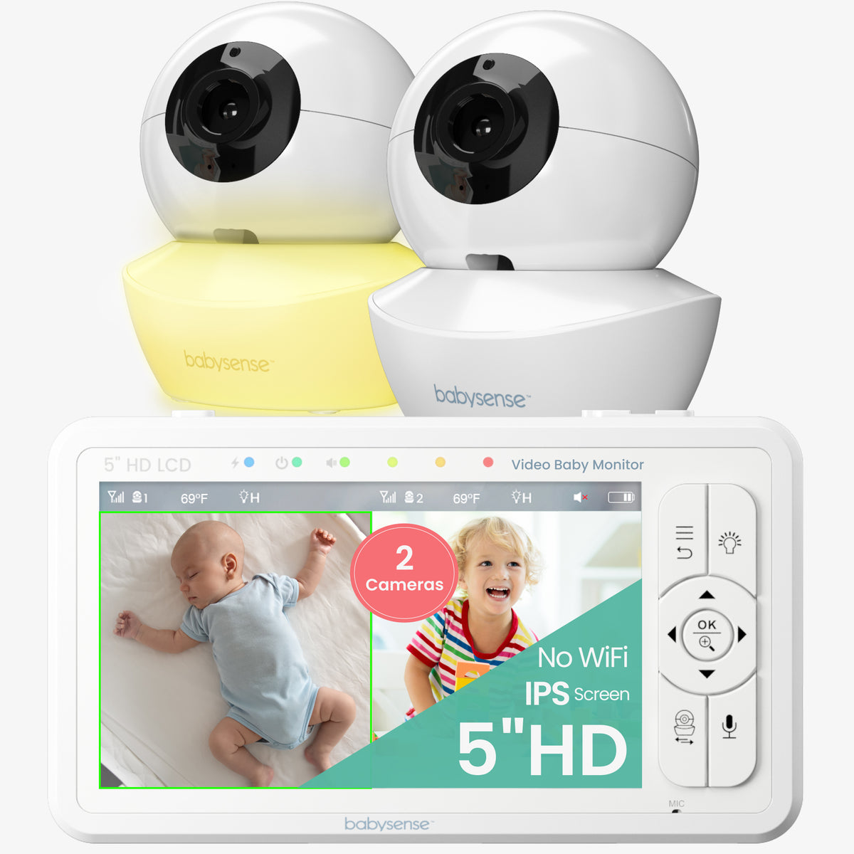 Babysense HD S2: Video Baby Monitor with 2 Cameras, Non wifi, Split Screen & Night Light Machine